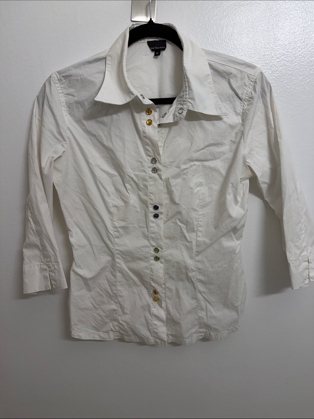 Y2K Calvin Klein White Dress Shirt with Multicolor Buttons